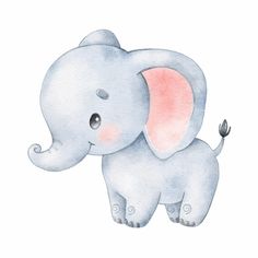 a watercolor drawing of an elephant with pink ears and tusks, on a white background