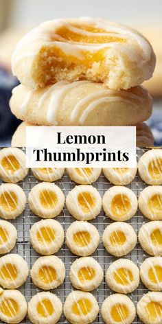 lemon thumbprints are stacked on top of each other in front of a cooling rack