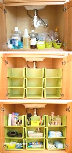 an organized pantry with green bins and drawers