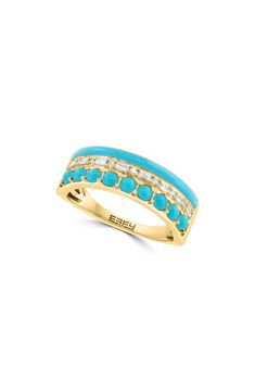 Sparkling diamonds enrich a 14-karat gold ring showcasing round turquoise and enamel for a pop of color. 1/4" width Total turquoise weight: 0.60ct. Total diamond weight: 0.16ct. Color: H–I Clarity: I1–I2 14k gold/turquoise/diamond/enamel Made in the USA Diamond Guide Turquoise Diamond Rings, Diamond Guide, Sparkle Diamonds, Womens Jewelry Rings, Rings Statement, Diamond Rings, Turquoise Ring, Gold Ring, Gold Diamond