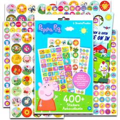 peppa pig stickers are shown in three different colors and sizes, with the words pep