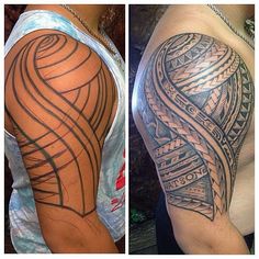 two different tattoos on one arm and the other half sleeve, both with black lines