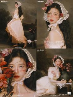 four different pictures of a woman with flowers in her hair and wearing a white dress