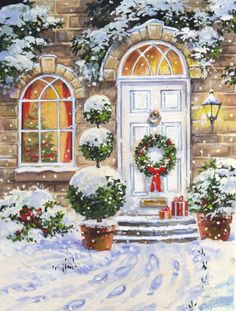 a painting of a snow covered front door with wreaths and presents on the steps