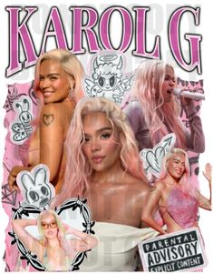 the cover of karoll g magazine with images of women in pink and white