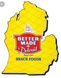 a sticker that says better made detroit snack foods on the back of a map