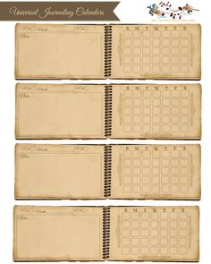 four old fashioned planner pages with the words, calendars and numbers on them are lined up