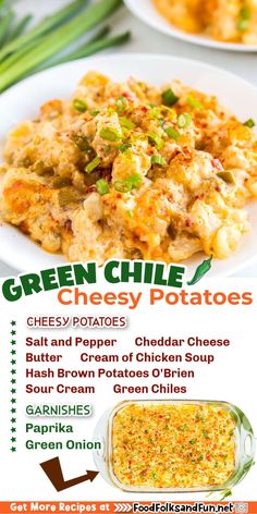 the menu for green chile cheesy potatoes