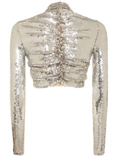 Back button closure. Front draped panel with logo plaque detail. Embellished with sequins. Model is wearing a size36 Silver Crop Top, Jersey Crop Top, Embellished Blouse, Halter Crop Top, Paco Rabanne, Shoulder Crop Top, Celebrity Outfits, Sequin Top, Shearling Jacket