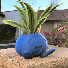 a blue planter sitting on top of a cement block