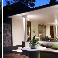 two pictures side by side one shows a house and the other shows an outdoor living area