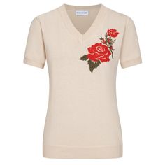 - Knitted Top- 100% cotton yarn- Unlined- Regular fit- Machine washable Fabric & Care- Delicate Machine Wash at 30 degrees(86℉) with similar colors.- Iron inside out on low temperature.- Store flat.- Do not tumble dry.- Do not bleach. Embroidered Short Sleeve Stretch Tops, Embroidered Short Sleeve Tops With Stretch, Embroidered Stretch Short Sleeve Tops, Short Sleeve Embroidered Stretch Tops, Fitted Knit Tops With Floral Embroidery, Cream Fine Knit Cotton Top, Fitted Embroidered Knit Tops, Spring V-neck Knit T-shirt, Fitted Floral Embroidery Knit Tops