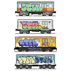 four train cars with graffiti on them are shown in three different colors, each painted differently