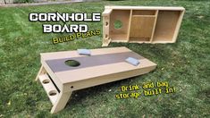 the cornhole board is built into a table and has two holes in it for storage