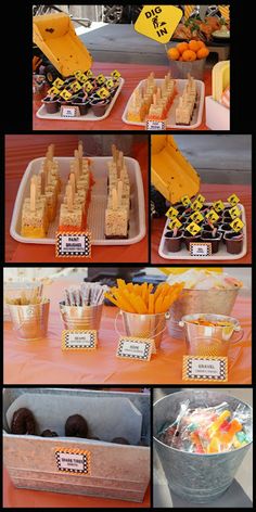 various pictures of food on display at an outdoor event, including oranges and yellow candies