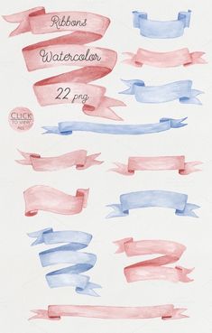 watercolor ribbons and banners with different colors on them, including red, blue, and pink