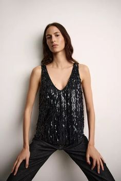 SEQUIN STRAPPY TOP ZW COLLECTION - Black | ZARA United States Waistcoat Dress, Sequin Appliques, Round Neck Top, Strappy Top, Cardigan Sweater Dress, Anorak Jacket, Leather Shirt, Strap Top, Round Neck Tops