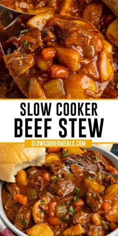 Close-up of slow cooker beef stew in a ladle. Crock Pot Beef Stew, Carrots Potatoes, Slow Cooker Recipes Beef, Beef Stew Crockpot, Pot Beef Stew