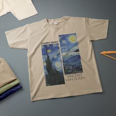 1x Starry Night by Vincent Van Gogh Sizes from small to XXL Other colour logos can be made upon request, we also stock numerous colours of T-shirts, ask for more info. High quality Fruit of the Loom t-shirt Free 2nd class UK postage Low cost international postage Spend & save, we offer discounts on multiple purchases & combined purchases across our store. For instructions on how to wash your t-shirt, please refer to the t-shirt label. We recommend 30 degrees (86F) or lower, or better yet hand wa Van Gogh Shirt, T Shirt Label, Starry Night Van Gogh, Classic Paintings, Cmyk Print, Vincent Van, Vincent Van Gogh, The Loom, Fruit Of The Loom