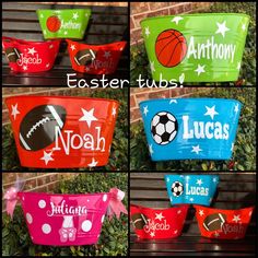 four baskets with different designs on them and the words basketball, basketball hoops, soccer ball