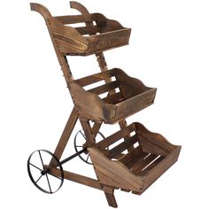 a wooden cart with wheels and two trays