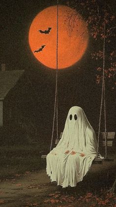 a ghost sitting on a porch swing in front of a full moon