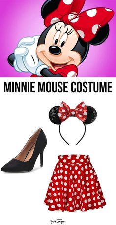 minnie mouse costume with red and white polka dot shorts, black high heeled shoes and a bow headband