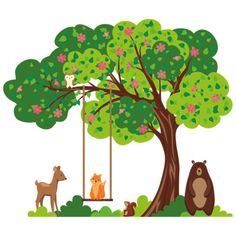 an animal is sitting on a swing under a tree and other animals are standing around