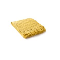 a yellow throw blanket with fringes on the bottom and one piece of it folded up