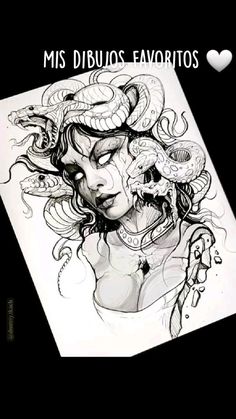 a black and white drawing of a woman with snakes on her head