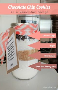 chocolate chip cookies in a mason jar recipe on a kitchen counter with labels and instructions