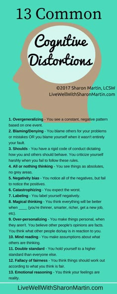 13 Common Cognitive Distortions - Allowing negative thinking to dominate, rather than being rational, balanced & purposeful Distorted Thoughts, Automatic Thoughts, Irrational Thoughts, Thinking Errors, Counseling Resources, Therapy Tools, Cognitive Behavioral Therapy, Behavioral Therapy