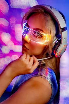 a woman wearing headphones and glowing glasses