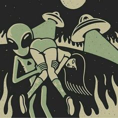 an alien couple hugging in front of a full moon