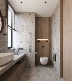 a bathroom with a toilet, sink and mirror