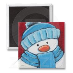 a painting of a snowman wearing a blue hat and scarf