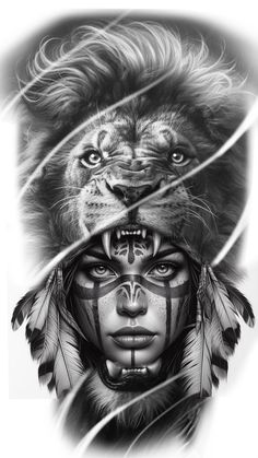 a woman's face painted in black and white with an image of a lion