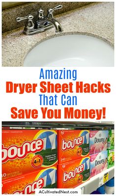 a bathroom sink with the words amazing dryer sheet hacks that can save you money