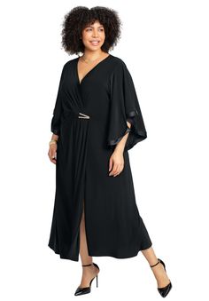 Next time you're asked to give your best party pose, may we suggest our V-Neck Twist Maxi Dress. It puts its own spin on a special occasion look, like its dramatic surplice wrap V-neckline, satin trim dolman sleeves and a high side slit opening. Later when you need to be ready for your close-up, you'll know what to wear. FABRIC: Soft, smooth fabric skims the body beautifully without clinging. Has the perfect of amount of comfortable stretch. FIT: Easy, relaxed silhouette. Surplice wrap V-necklin Plus Size Dresses With Cape, Jumpsuit For Wedding Guest, Best Party, Cape Dress, Swimsuits For All, Plus Size Wedding, Plus Size Dress, Special Occasion Dresses, Occasion Dresses