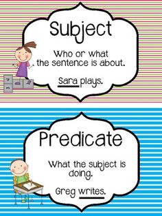 two posters with words that say subject and predicate