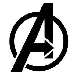 the avengers logo is black and white with an arrow pointing to it's right