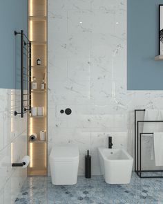 a bathroom with two sinks and a toilet in the corner, along with a shelf on the wall