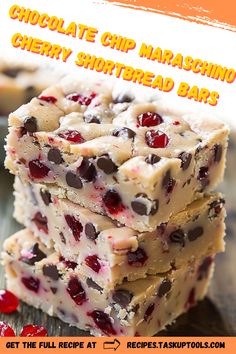 chocolate chip maraschino cherry shortbread bars are stacked on top of each other