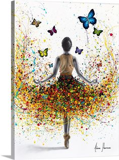 a woman in a colorful dress with butterflies flying around her