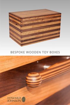 a wooden toy box sitting on top of a table next to a drawer with the words bespoke wooden toy boxes