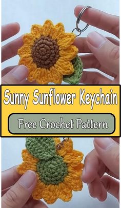 a crochet sunflower keychain is shown with the words free crochet pattern