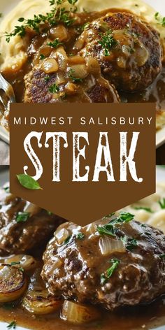 steak with mushrooms and gravy served on a plate