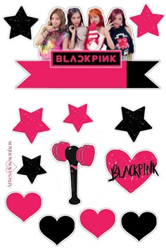 the blackpink sticker sheet is shown with pink and black hearts, stars, and