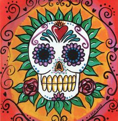 a painting of a sugar skull with roses on it's head and hearts in the center