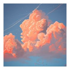 the sky is filled with pink clouds and airplanes in the distance are flying through the blue sky